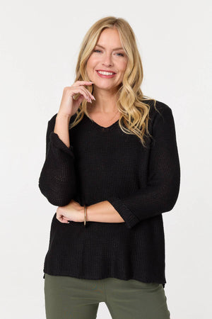 Black | Mesh Texture 3/4 Sleeve Relaxed Top : Model is 5'10