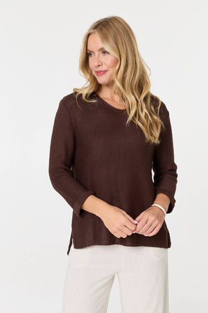 Brown | Mesh Texture 3/4 Sleeve Relaxed Top
