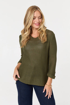 Khaki | Mesh Texture 3/4 Sleeve Relaxed Top : Model is 5'10