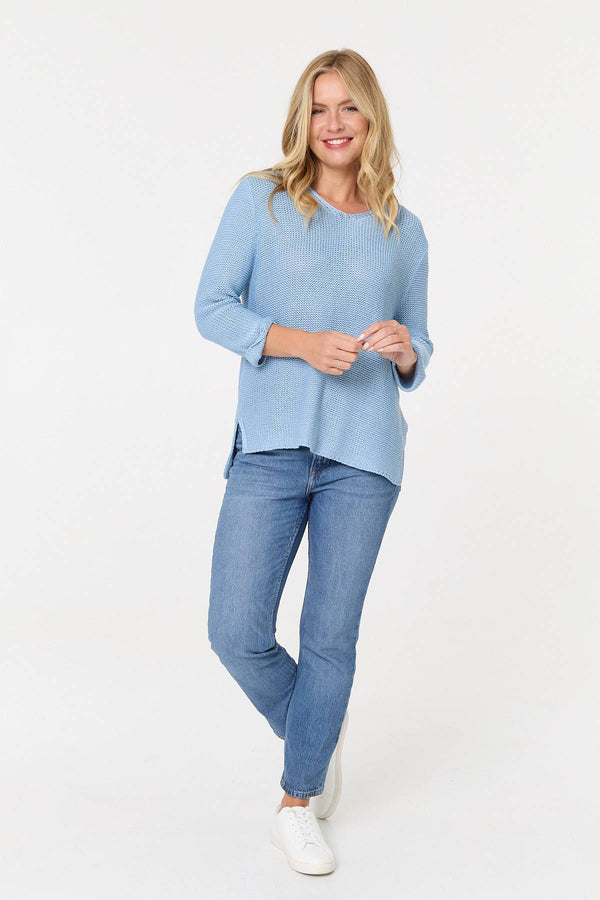 Light Blue | Mesh Texture 3/4 Sleeve Relaxed Top
