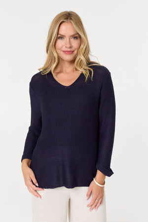 Navy | Mesh Texture 3/4 Sleeve Relaxed Top : Model is 5'10