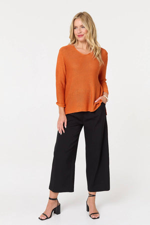 Orange | Mesh Texture 3/4 Sleeve Relaxed Top
