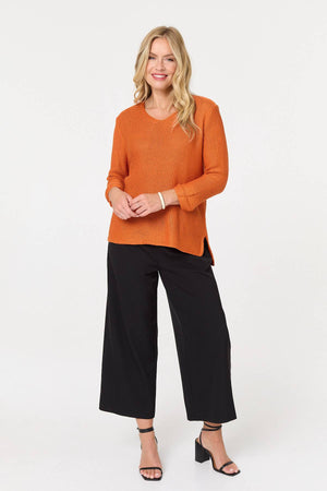 Orange | Mesh Texture 3/4 Sleeve Relaxed Top
