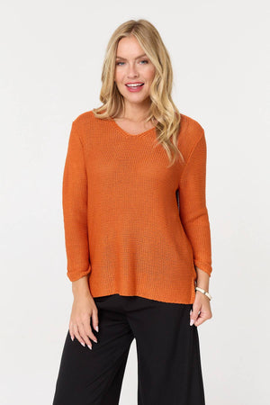 Orange | Mesh Texture 3/4 Sleeve Relaxed Top : Model is 5'10