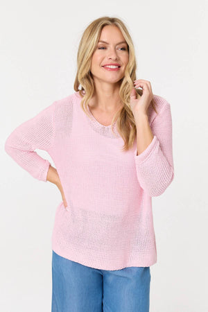 Pink | Mesh Texture 3/4 Sleeve Relaxed Top : Model is 5'10