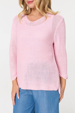 Pink | Mesh Texture 3/4 Sleeve Relaxed Top
