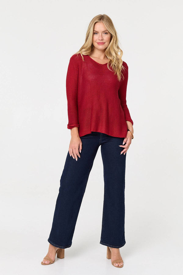 Red | Mesh Texture 3/4 Sleeve Relaxed Top
