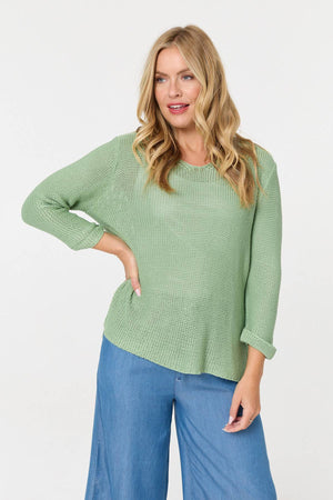 Sage | Mesh Texture 3/4 Sleeve Relaxed Top : Model is 5'10