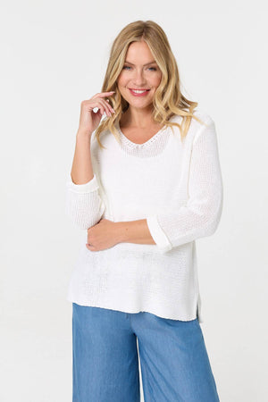 White | Mesh Texture 3/4 Sleeve Relaxed Top : Model is 5'10