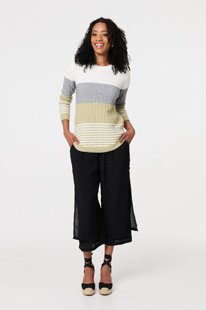 Sage | Colour Block Textured Curve Hem Jumper