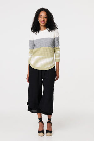Sage | Colour Block Textured Curve Hem Jumper
