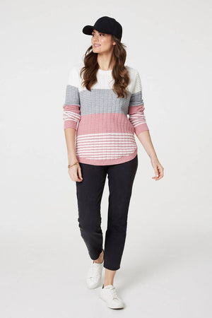 Pink | Colour Block Textured Curve Hem Jumper : Model is 5'9