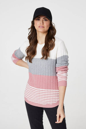 Pink | Colour Block Textured Curve Hem Jumper
