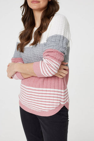 Pink | Colour Block Textured Curve Hem Jumper
