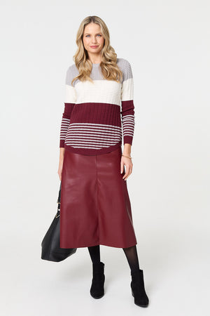 Red | Colour Block Textured Curve Hem Jumper
