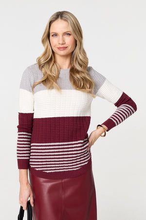 Red | Colour Block Textured Curve Hem Jumper
