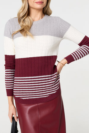 Red | Colour Block Textured Curve Hem Jumper
