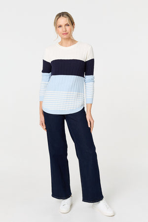 Blue | Colour Block Textured Curve Hem Jumper

