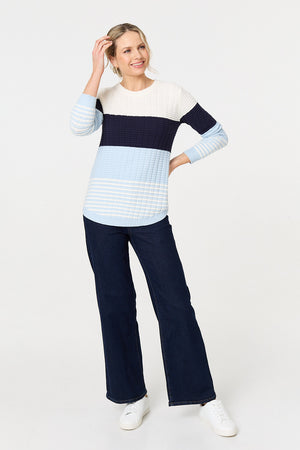 Blue | Colour Block Textured Curve Hem Jumper
