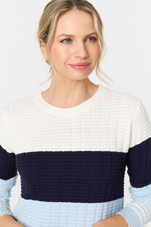 Blue | Colour Block Textured Curve Hem Jumper
