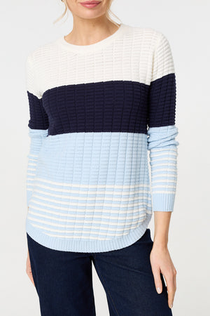Blue | Colour Block Textured Curve Hem Jumper
