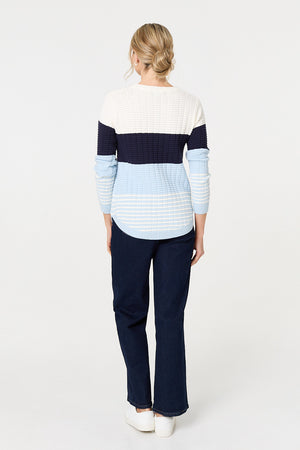 Blue | Colour Block Textured Curve Hem Jumper
