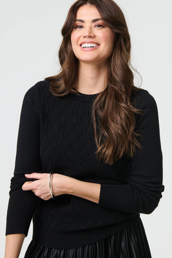 Black | Textured Knit Long Sleeve Jumper
