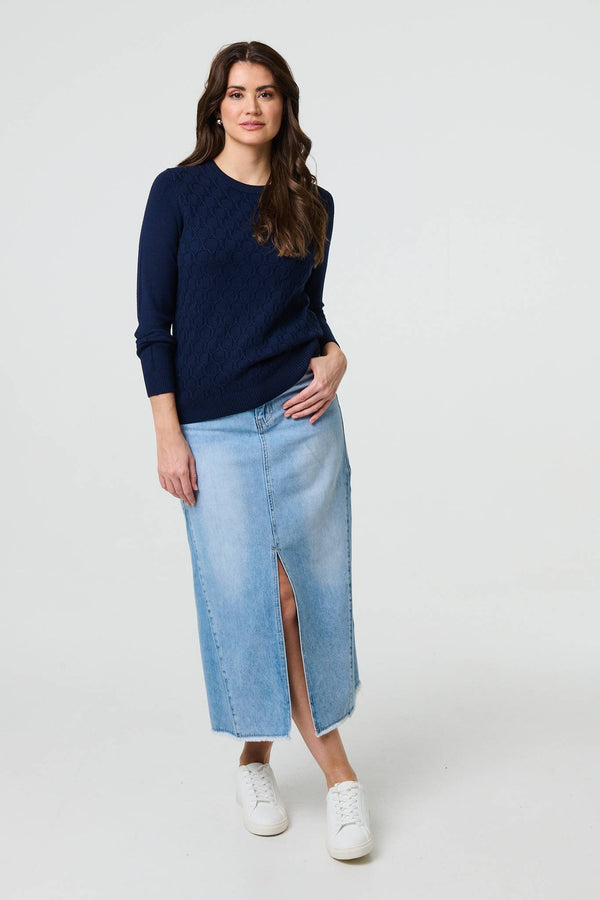 Navy | Textured Knit Long Sleeve Jumper
