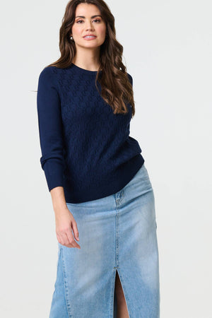 Navy | Textured Knit Long Sleeve Jumper

