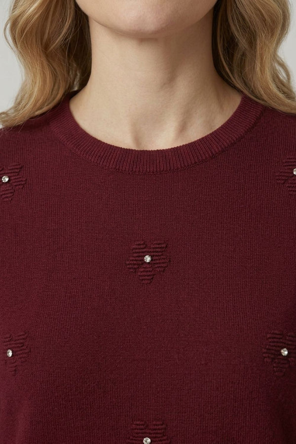 Burgundy | Floral Gemstone Embellished Jumper