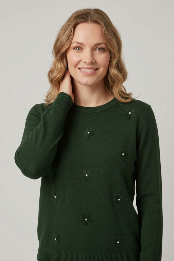 Dark Green | Floral Gemstone Embellished Jumper