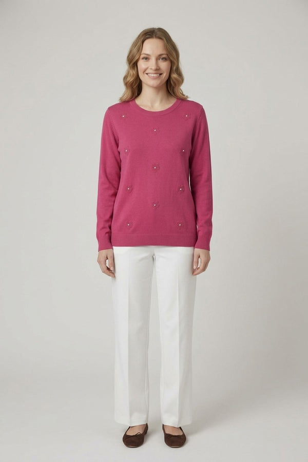 Fuchsia | Floral Gemstone Embellished Jumper