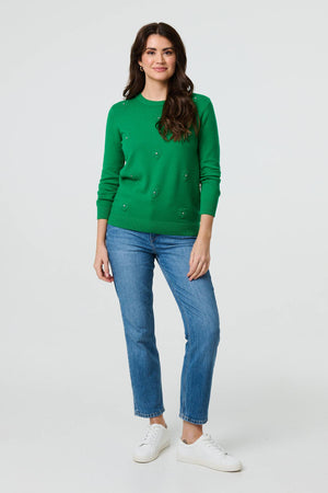 Lime Green | Floral Gemstone Embellished Jumper
