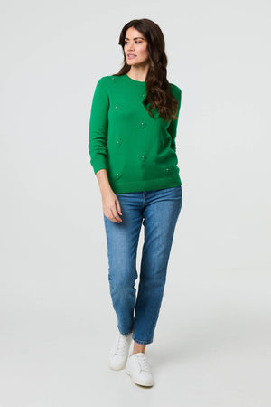 Lime Green | Floral Gemstone Embellished Jumper
