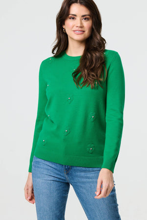 Lime Green | Floral Gemstone Embellished Jumper : Model is 5'9