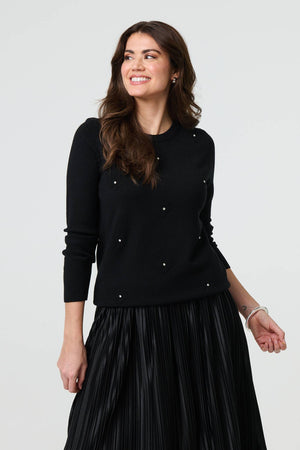 Black | Floral Gemstone Embellished Jumper : Model is 5'9