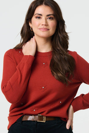 Orange | Floral Gemstone Embellished Jumper : Model is 5'9