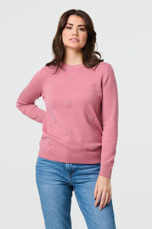 Blush | Floral Gemstone Embellished Jumper : Model is 5'9