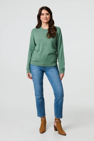 Green | Floral Gemstone Embellished Jumper
