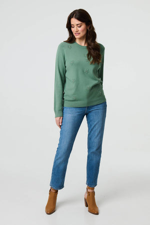 Green | Floral Gemstone Embellished Jumper
