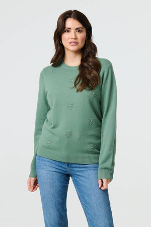 Green | Floral Gemstone Embellished Jumper : Model is 5'9