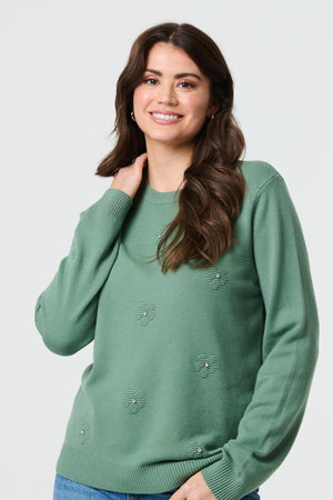 Green | Floral Gemstone Embellished Jumper
