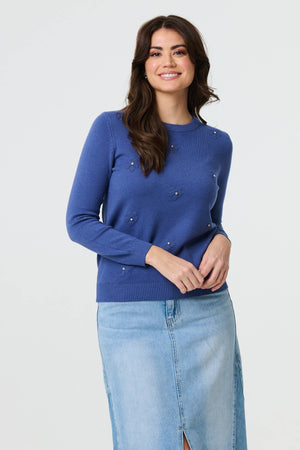 Indigo | Floral Gemstone Embellished Jumper : Model is 5'9