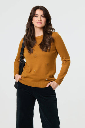 Mustard | Floral Gemstone Embellished Jumper : Model is 5'9