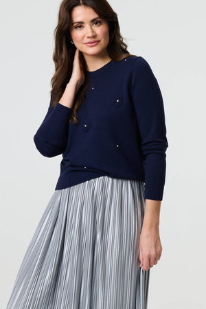 Navy | Floral Gemstone Embellished Jumper : Model is 5'9