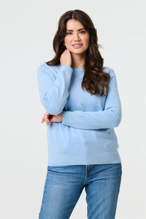 Light Blue | Floral Gemstone Embellished Jumper : Model is 5'9