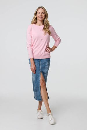 Pink | Floral Gemstone Embellished Jumper
