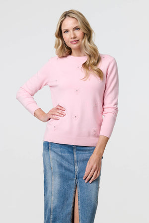 Pink | Floral Gemstone Embellished Jumper : Model is 5'10