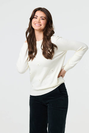 White | Floral Gemstone Embellished Jumper : Model is 5'9