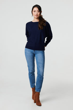 Navy | Stripe Texture Boat Neck Boxy Fit Jumper
